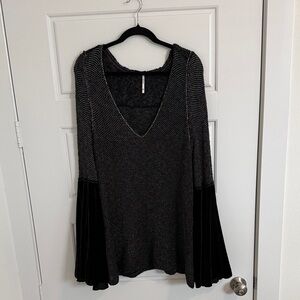 Black V-Neck Sweater Dress with Velvet Bell Sleeves